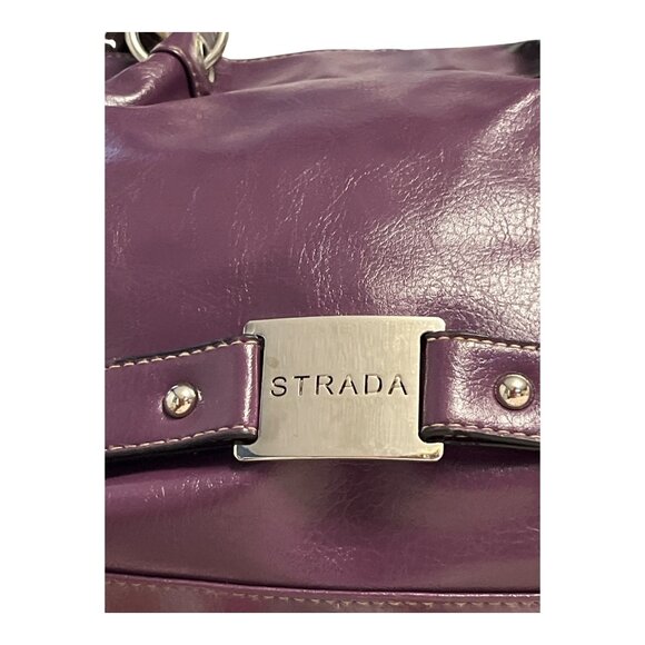 Strada Purple Faux Leather Shoulder Bag Tote – Silver Logo Plate Satchel Handbag - Picture 2 of 8